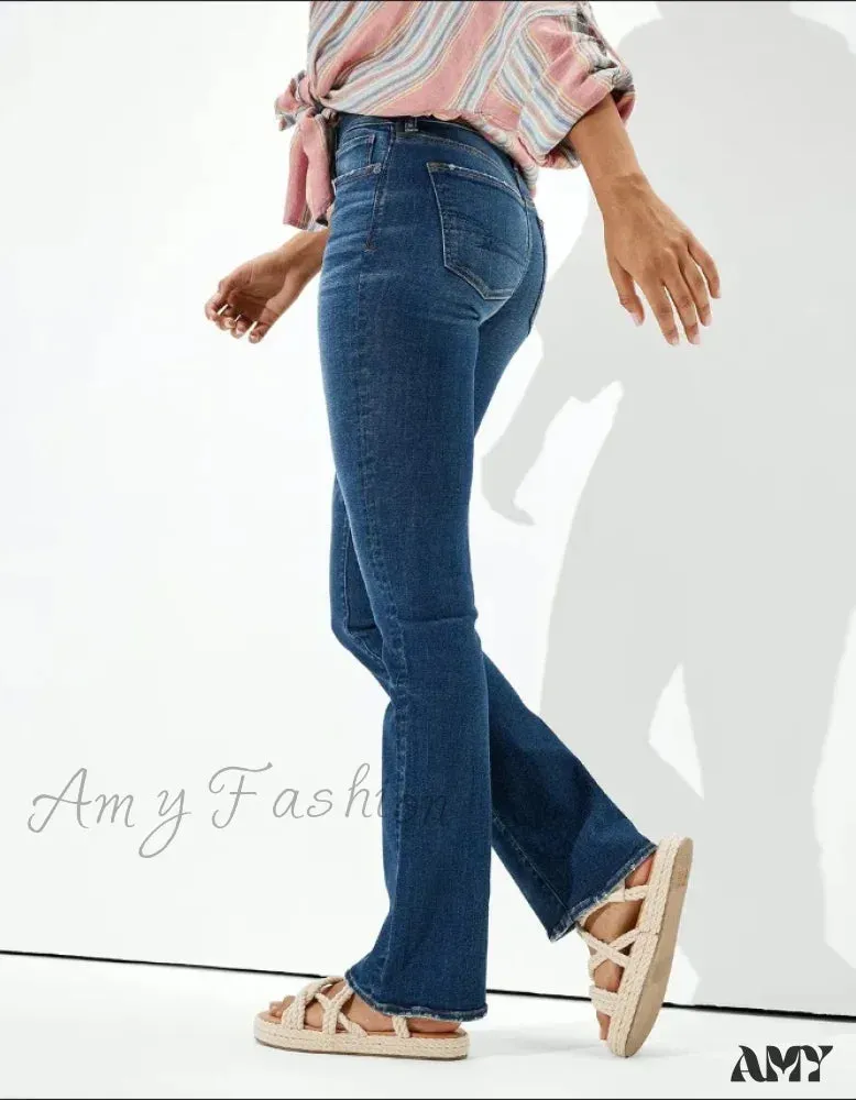 Amy Fashion - Vintage Flare Wide Leg High Waist Fashion Stretch Pocket Denim Jean