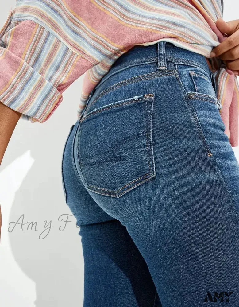 Amy Fashion - Vintage Flare Wide Leg High Waist Fashion Stretch Pocket Denim Jean