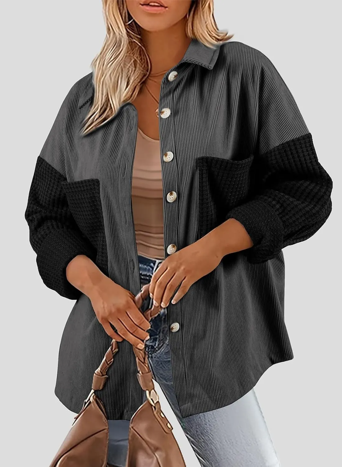 Astylish Womens 2024 Corduroy Shacket Color Block Waffle Jackets Casual Long Sleeve Button Down Shirts Coat