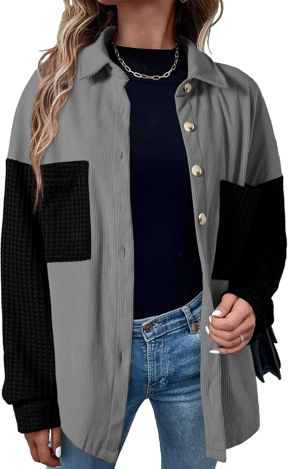 Astylish Womens 2024 Corduroy Shacket Color Block Waffle Jackets Casual Long Sleeve Button Down Shirts Coat