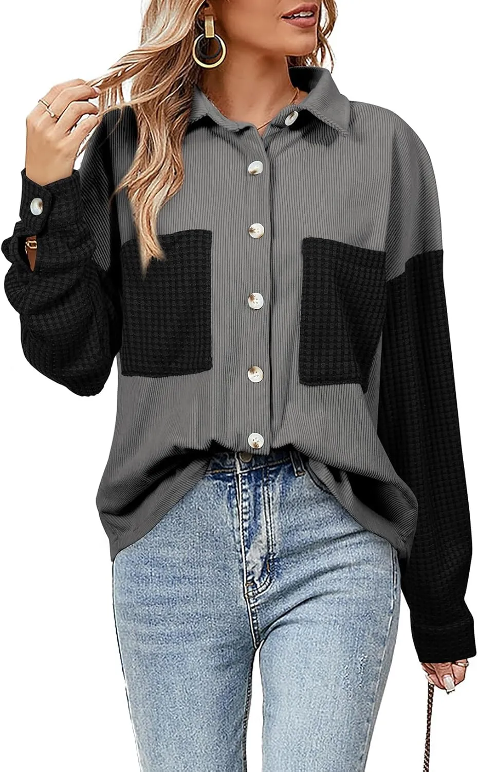 Astylish Womens 2024 Corduroy Shacket Color Block Waffle Jackets Casual Long Sleeve Button Down Shirts Coat