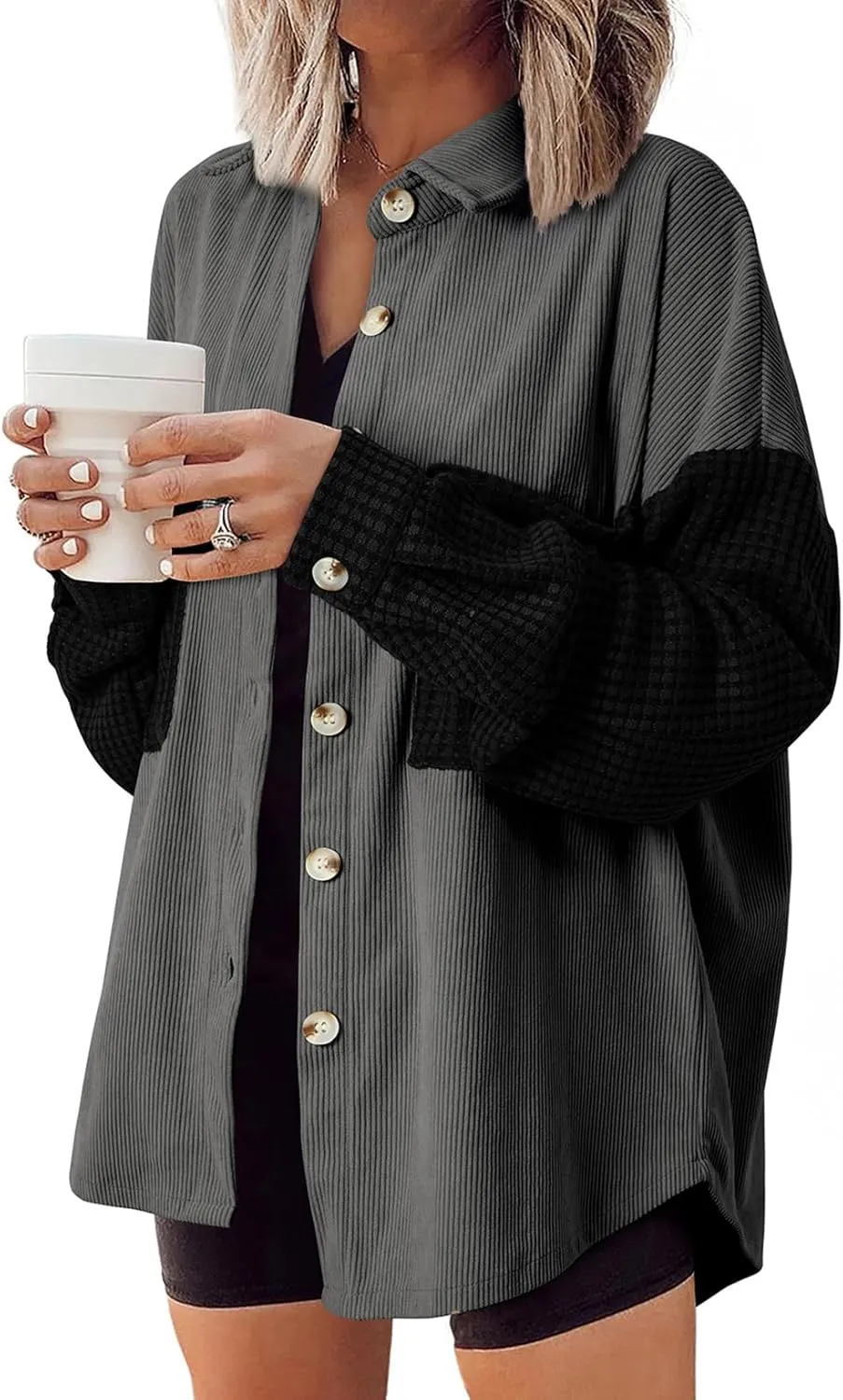 Astylish Womens 2024 Corduroy Shacket Color Block Waffle Jackets Casual Long Sleeve Button Down Shirts Coat