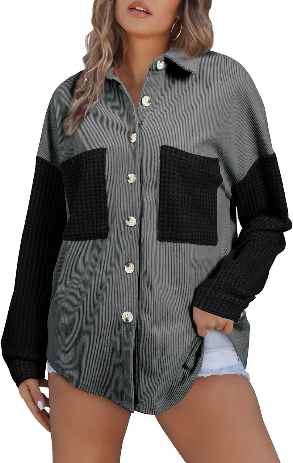 Astylish Womens 2024 Corduroy Shacket Color Block Waffle Jackets Casual Long Sleeve Button Down Shirts Coat