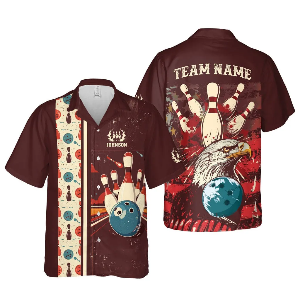 Bowling And Pins Retro Multi Color Pattern Customized Name, Team Name 3D Hawaiian Shirt