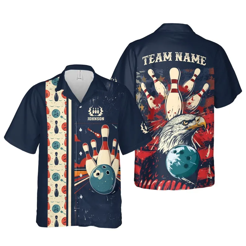 Bowling And Pins Retro Multi Color Pattern Customized Name, Team Name 3D Hawaiian Shirt