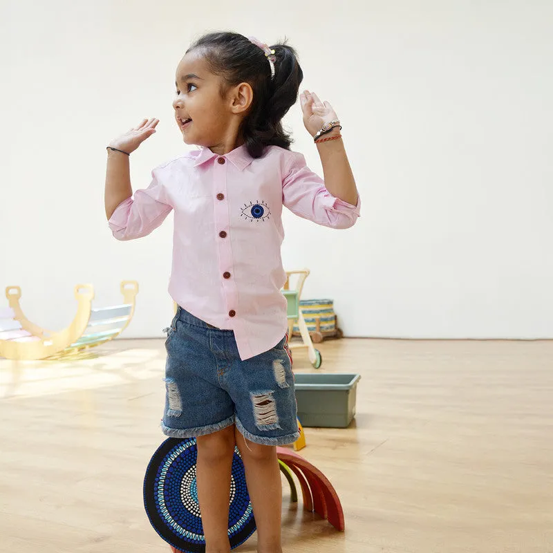 Cotton Full Sleeves Shirt for Kids | Evil Eye Printed | Light Pink