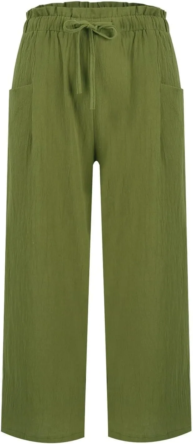 Cropped Linen Pants Women Summer Elastic Waist Wide Leg Crop Pants Casual Drawstring Lightweight Baggy Beach Trousers