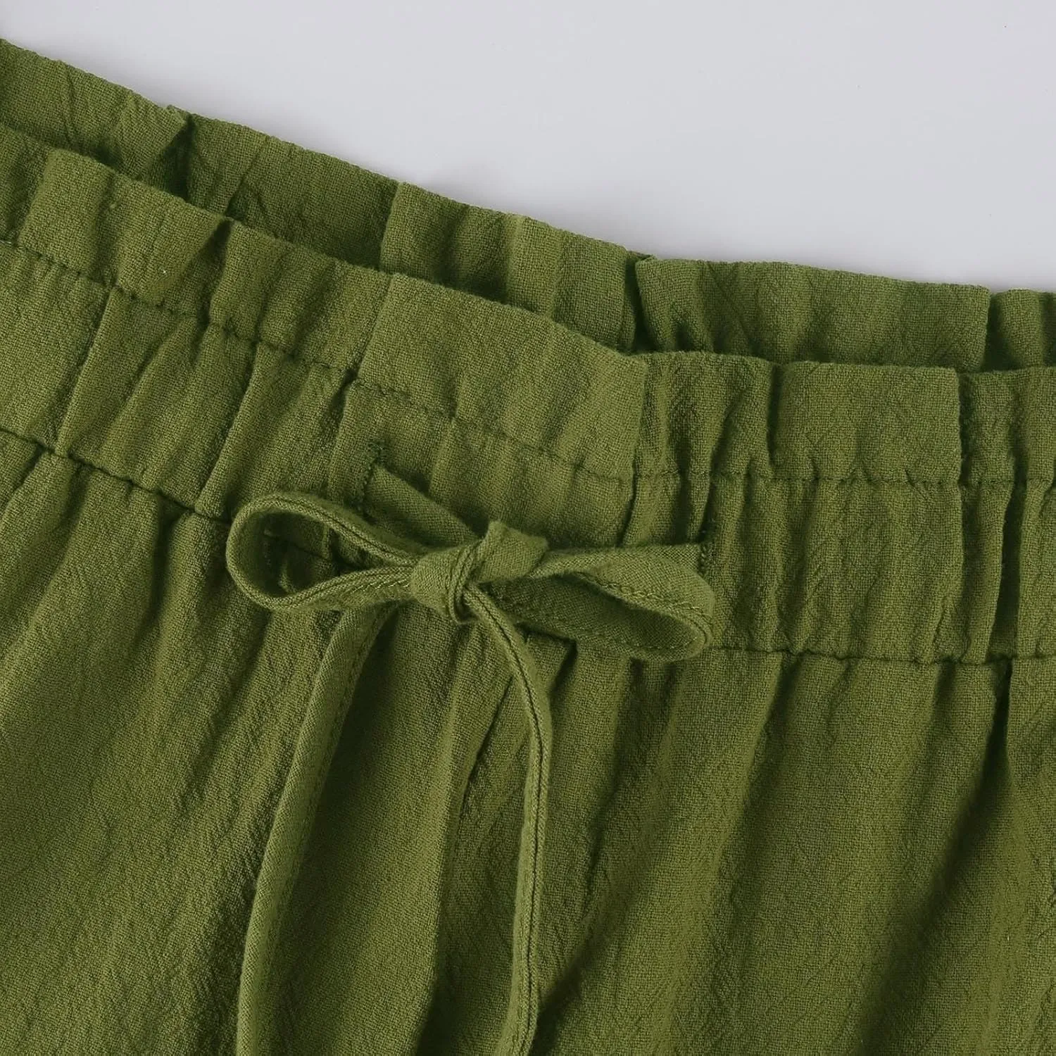 Cropped Linen Pants Women Summer Elastic Waist Wide Leg Crop Pants Casual Drawstring Lightweight Baggy Beach Trousers