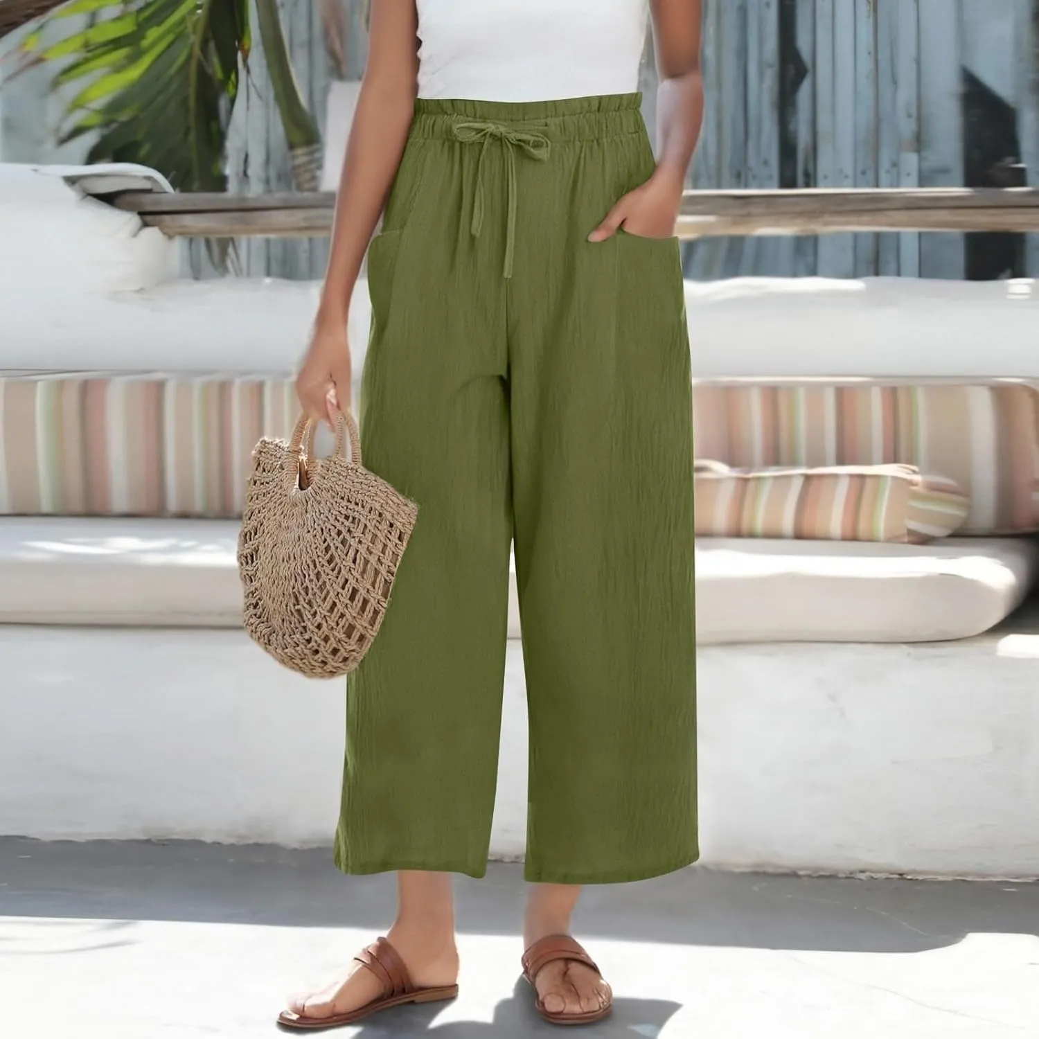 Cropped Linen Pants Women Summer Elastic Waist Wide Leg Crop Pants Casual Drawstring Lightweight Baggy Beach Trousers