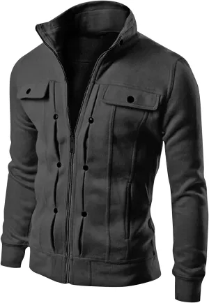DuDubaby Men's Fashion Casual Loose Stand Collar Button Decorated Sweatshirt Jacket