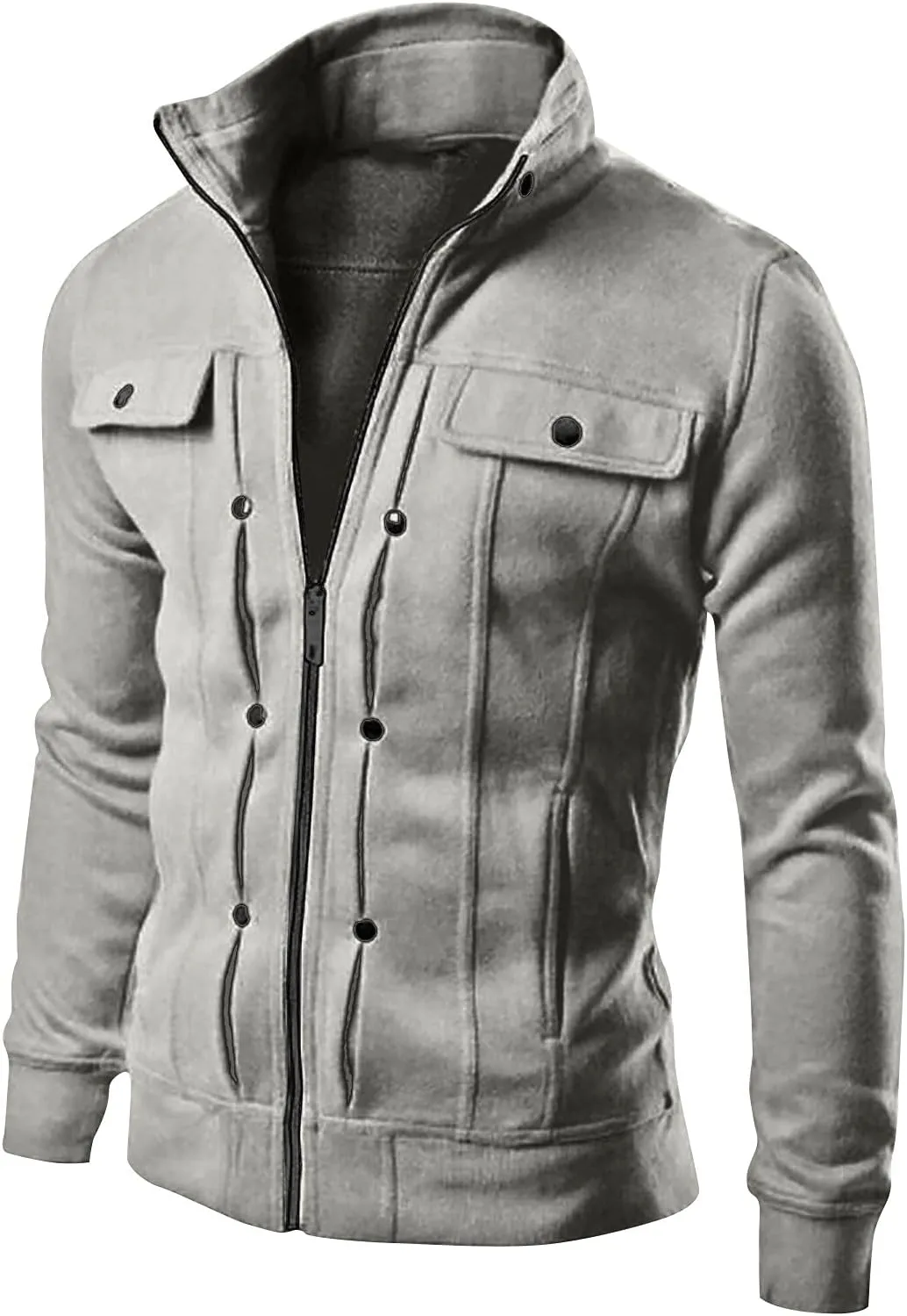 DuDubaby Men's Fashion Casual Loose Stand Collar Button Decorated Sweatshirt Jacket