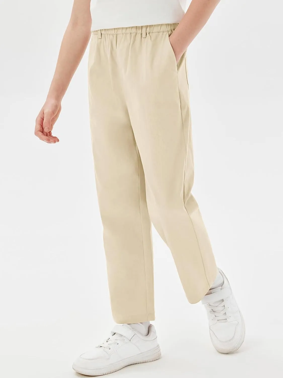 Haloumoning Boys Elastic Waist Pants Kids Uniform School Cotton Twill Trousers with Pockets 5-14 Years
