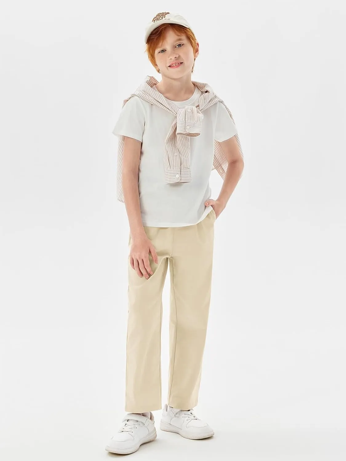 Haloumoning Boys Elastic Waist Pants Kids Uniform School Cotton Twill Trousers with Pockets 5-14 Years