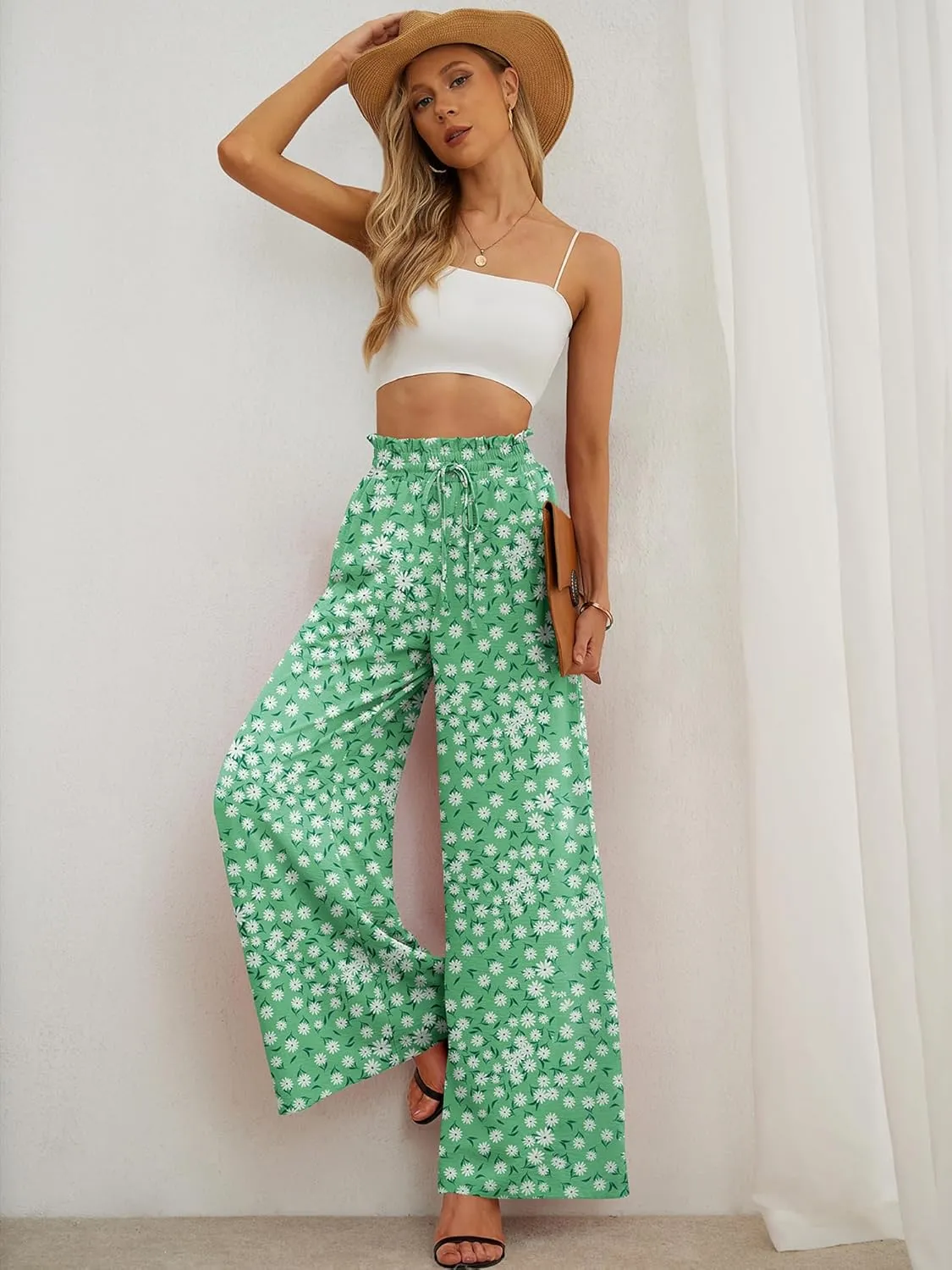Heymoments Women's Wide Leg Lounge Pants Lightweight High Waisted Adjustable Tie Knot Loose Trousers with Pockets