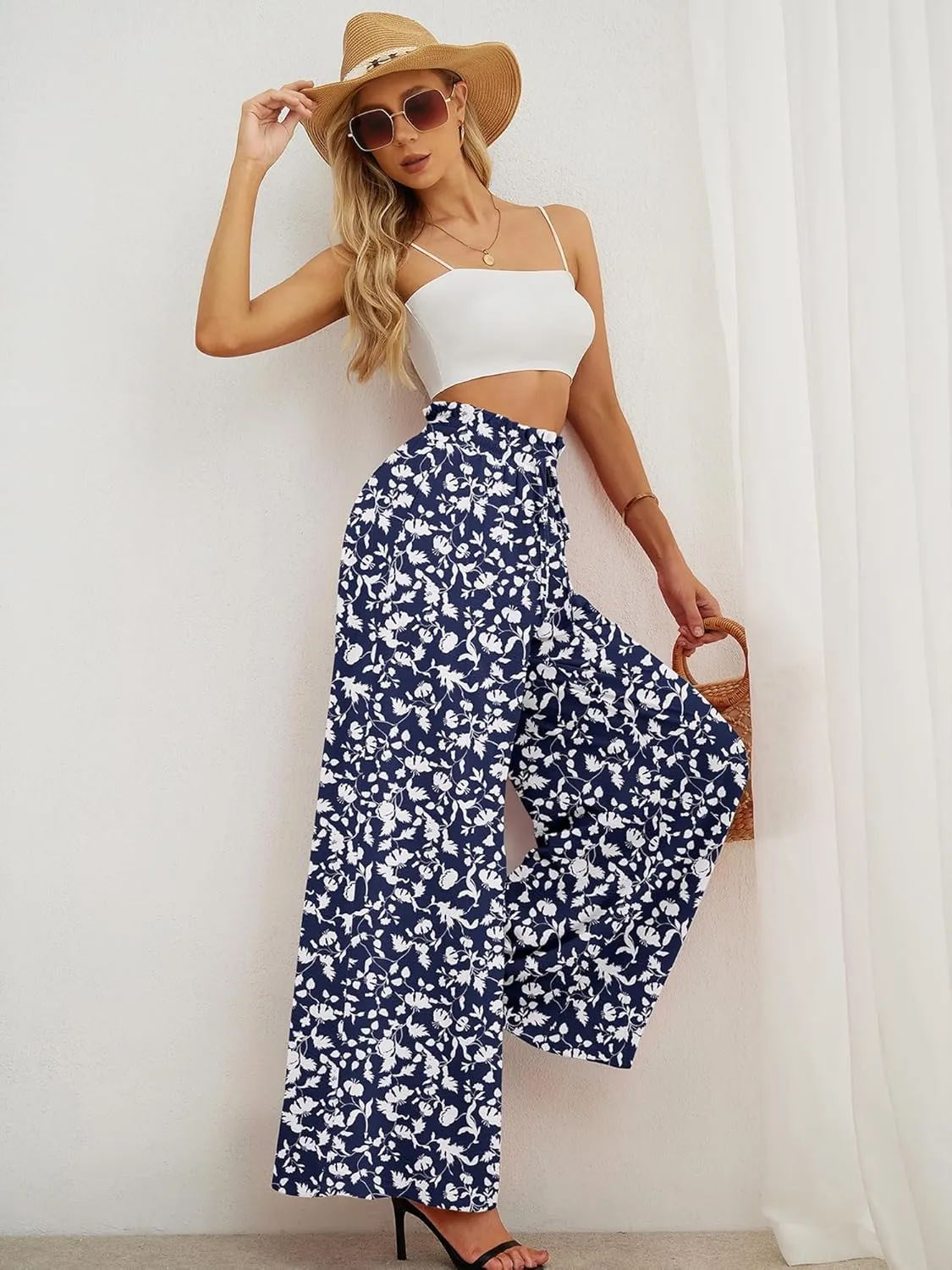 Heymoments Women's Wide Leg Lounge Pants Lightweight High Waisted Adjustable Tie Knot Loose Trousers with Pockets
