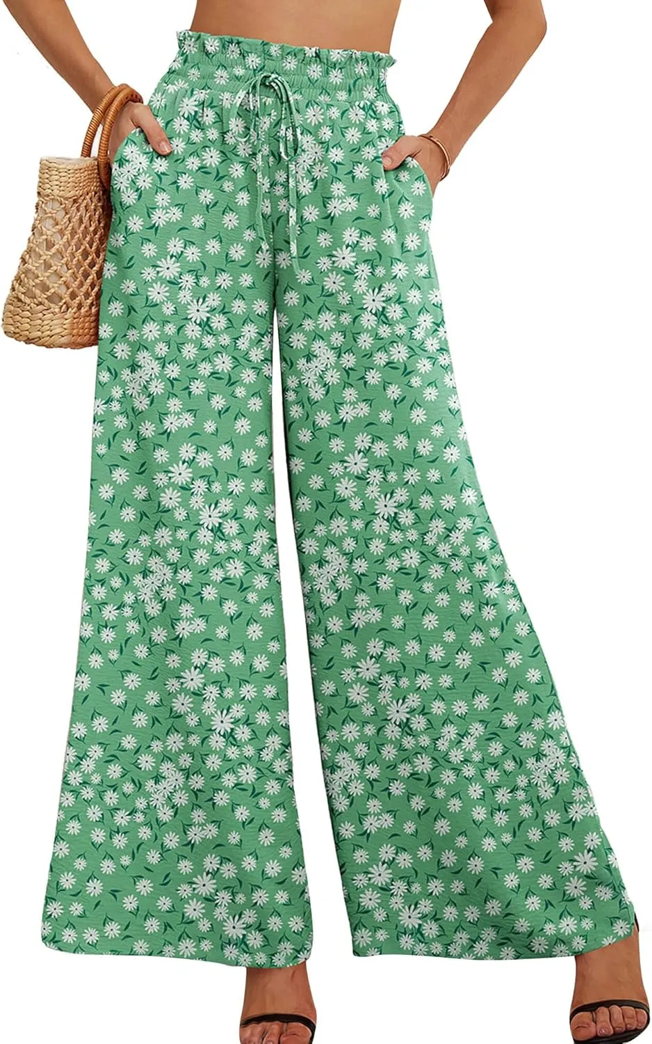 Heymoments Women's Wide Leg Lounge Pants Lightweight High Waisted Adjustable Tie Knot Loose Trousers with Pockets