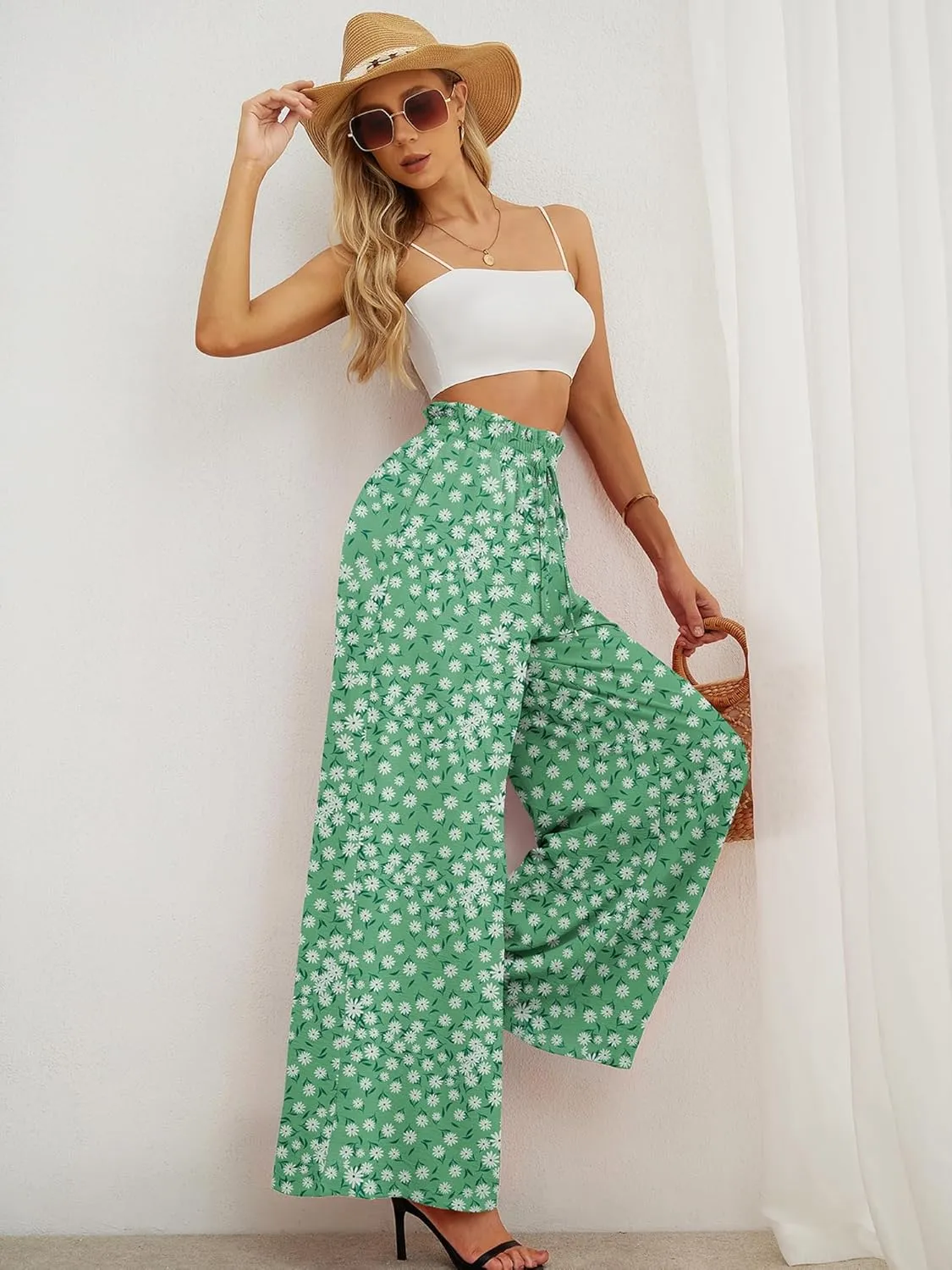 Heymoments Women's Wide Leg Lounge Pants Lightweight High Waisted Adjustable Tie Knot Loose Trousers with Pockets
