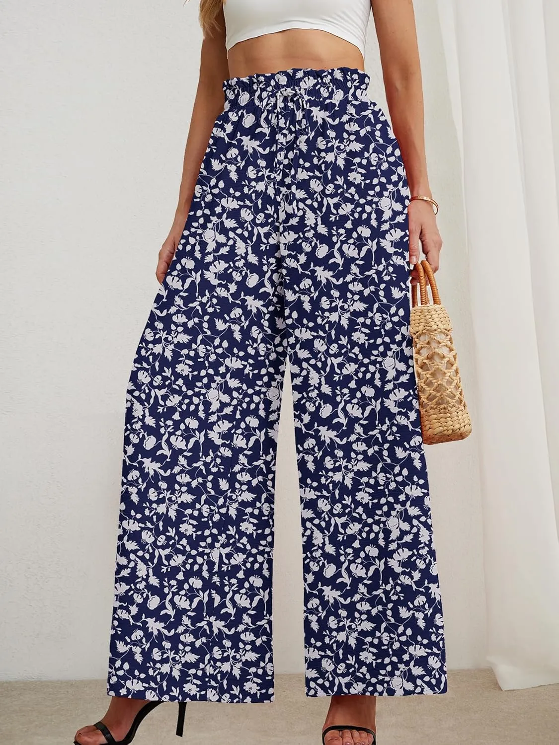 Heymoments Women's Wide Leg Lounge Pants Lightweight High Waisted Adjustable Tie Knot Loose Trousers with Pockets