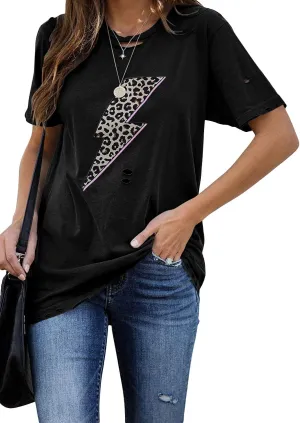 INFITTY Womens Basic Graphic Tees Casual Summer Short Sleeve Shirt Blouse Lightning Leopard Print Tops Tunic