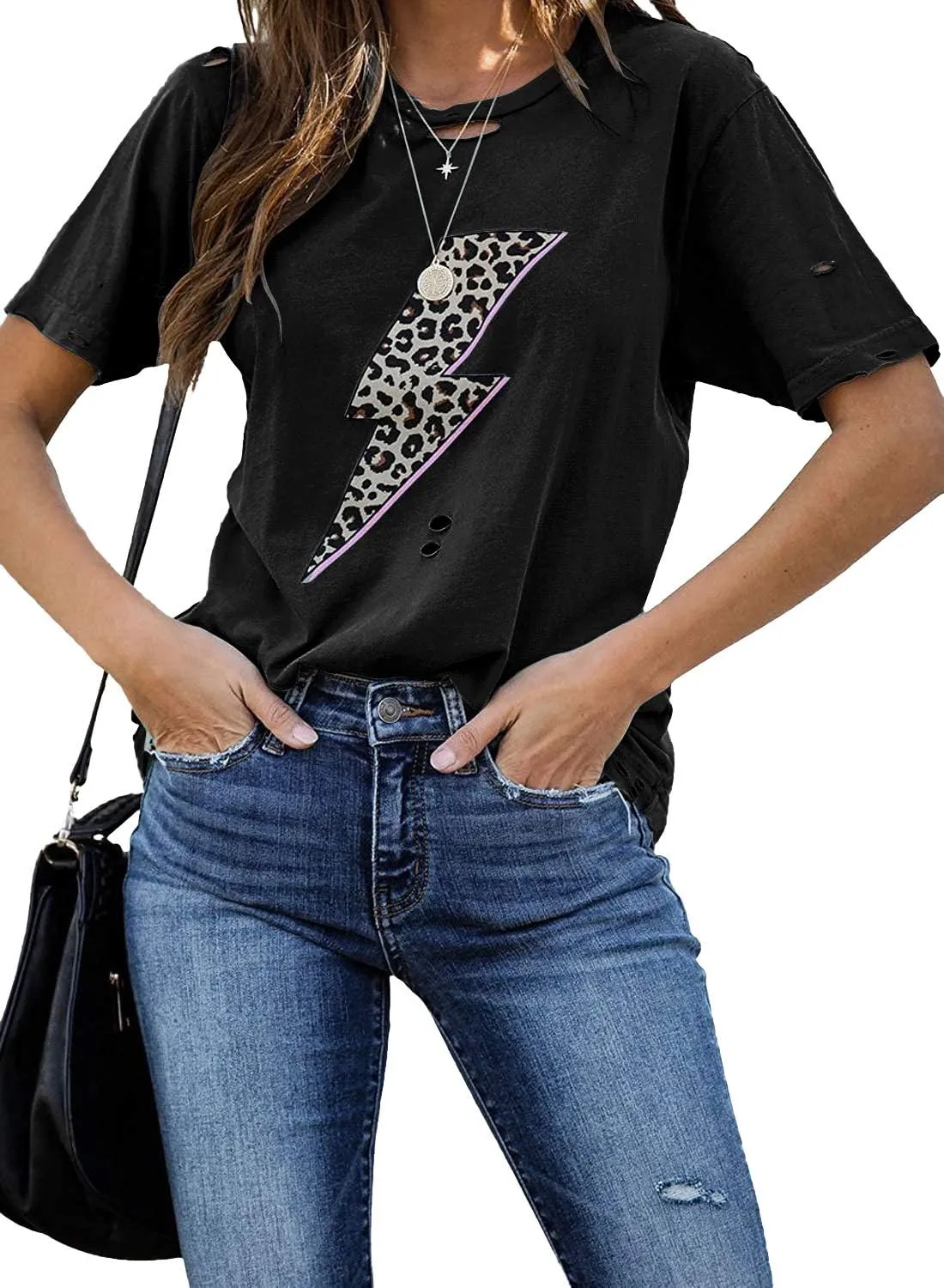 INFITTY Womens Basic Graphic Tees Casual Summer Short Sleeve Shirt Blouse Lightning Leopard Print Tops Tunic