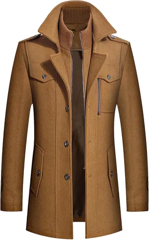 JEKE-DG Men's Winter Warm Wool Coats Slim Fit Single Breasted Trench Jacket Windproof Classic Overcoat Zipper Coat
