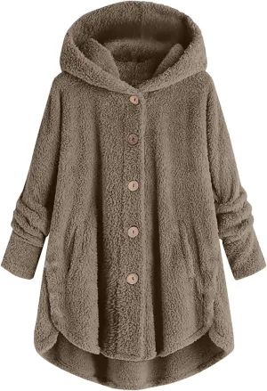 maisdgop Fleece Jacket Women Long Sleeve Sherpa Hooded Coats Winter Fall Warm Fuzzy Jackets Plus Size Button Plush Outerwear