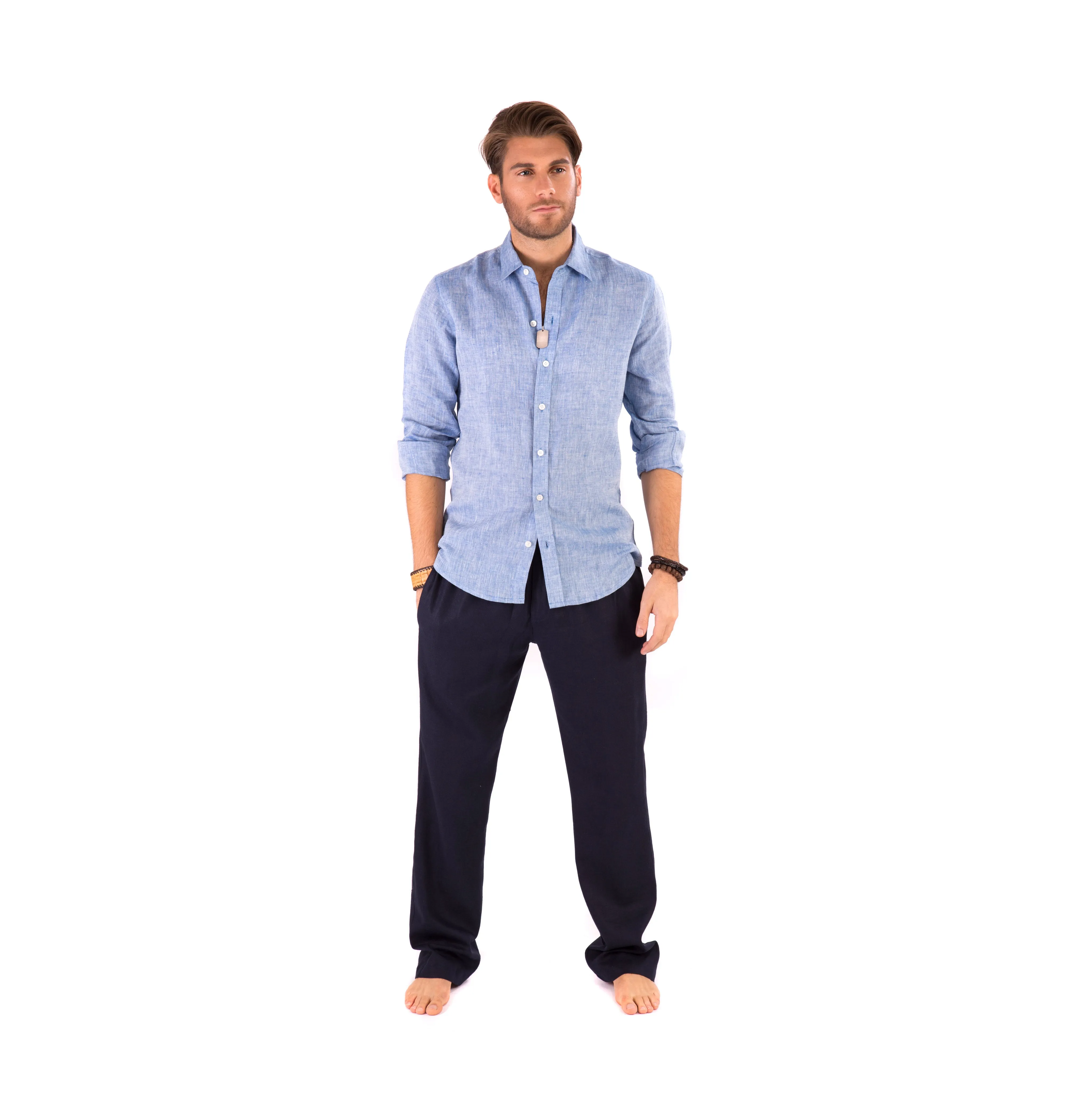 Mens Blue Trousers Cotton Yoga Casual Elasticated Draw String Waist  Pockets