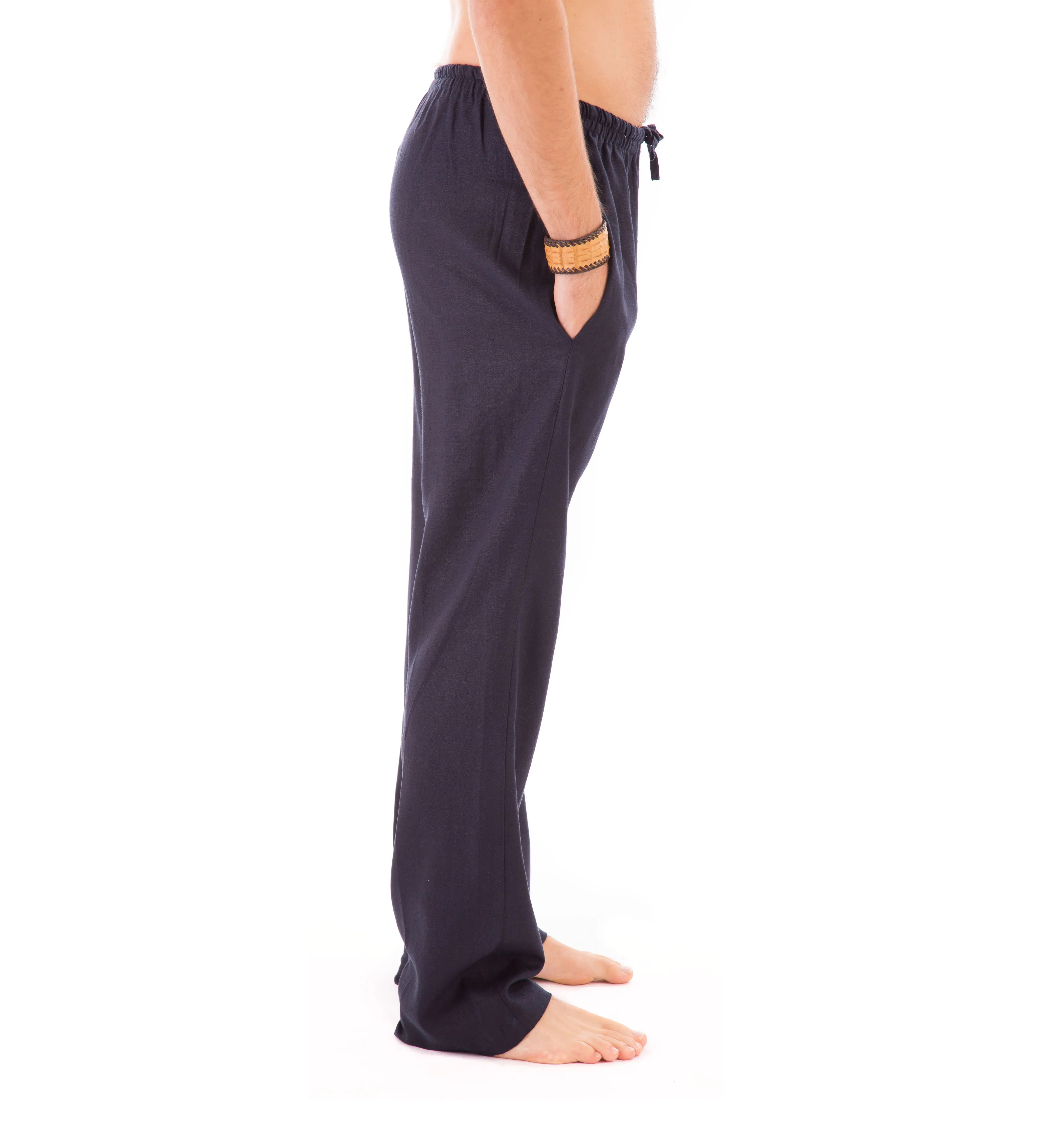 Mens Blue Trousers Cotton Yoga Casual Elasticated Draw String Waist  Pockets