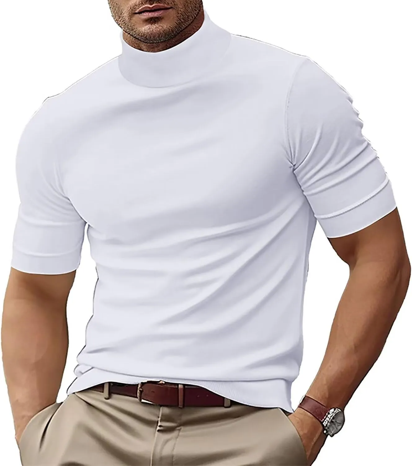 Men's Fashion Shirts Short Sleeve Mock Turtleneck T-Shirts Casual Undershirt Tops