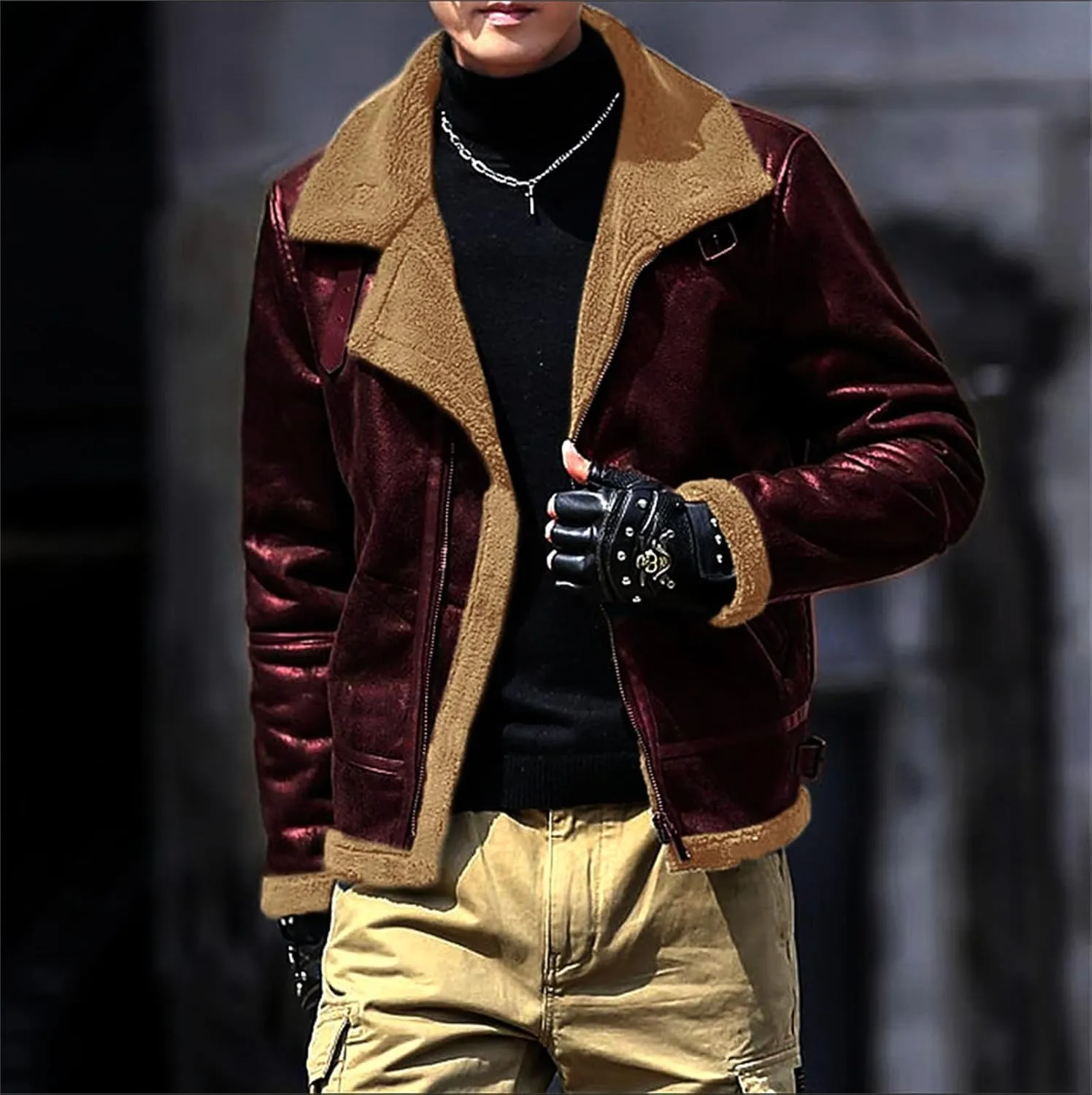 Men's Faux Leather Bomber Jacket Fleece Lined Motorcycle Jacket Vintage Suede Jackets Waterproof Windproof Moto Coat