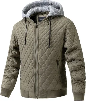 Men's Quilted Sherpa Lined Bomber Jacket Zipper Outdoor Casual Fleece Fall Winter Coat Detachable Hood with Pockets