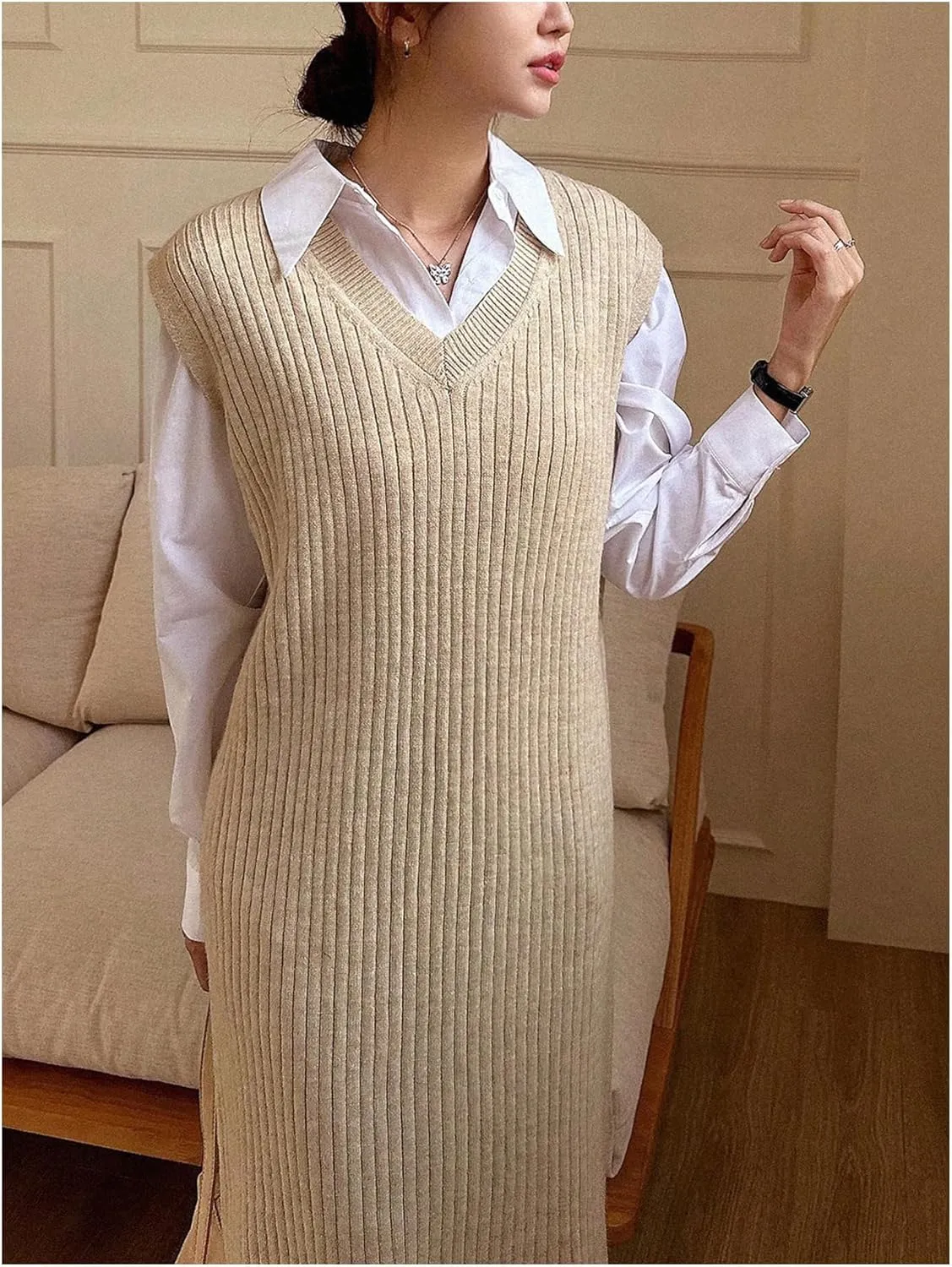 OYOANGLE Women's Split Hem Rib Knit Midi Sweater Dress V Neck Sleeveless Loose Fit Sweater Vest