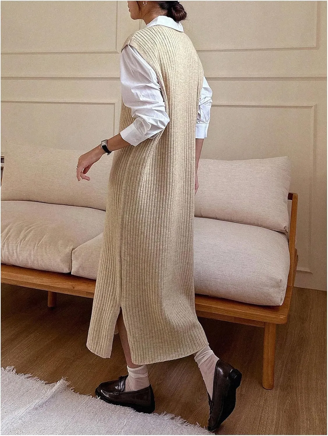 OYOANGLE Women's Split Hem Rib Knit Midi Sweater Dress V Neck Sleeveless Loose Fit Sweater Vest