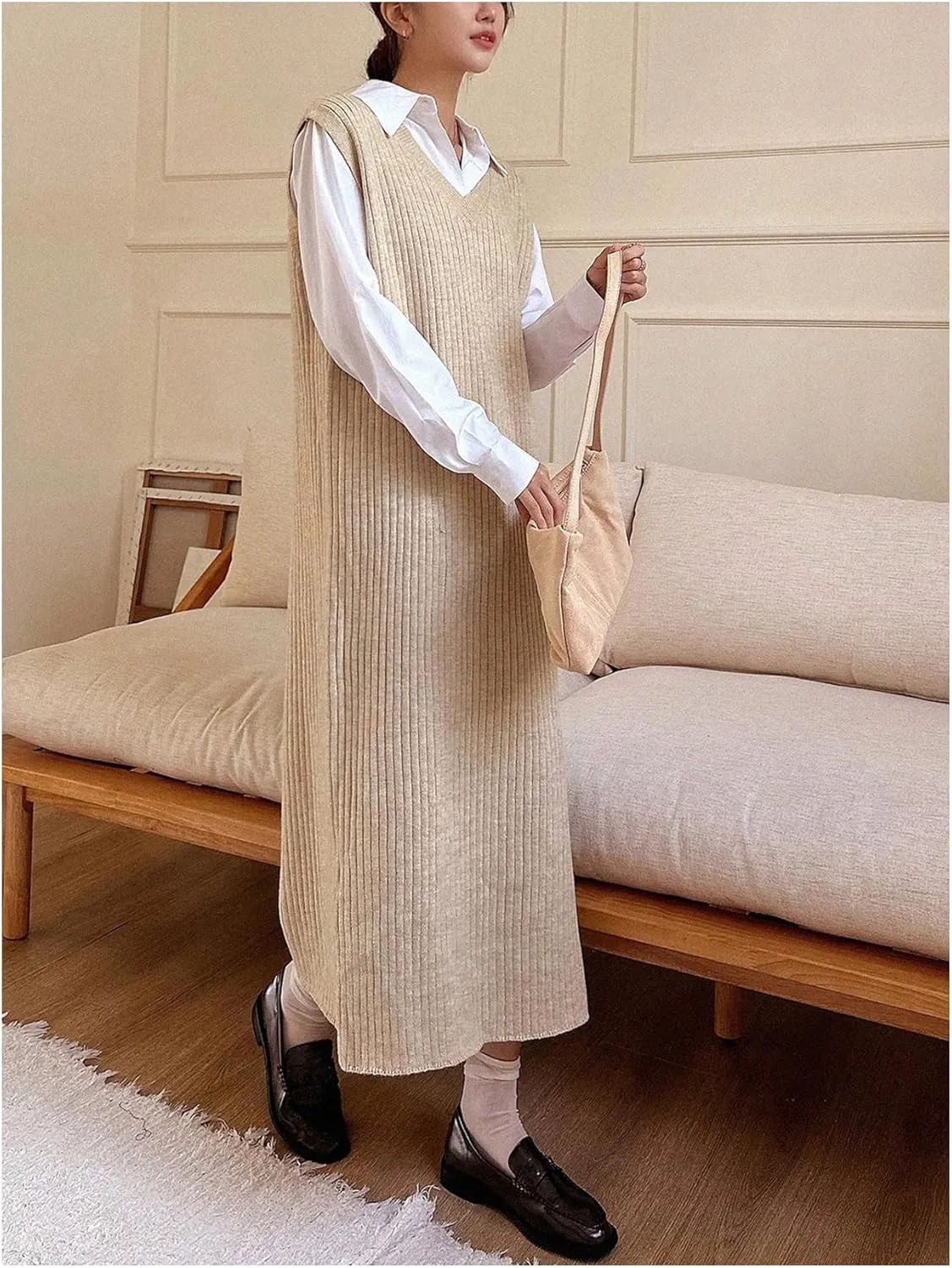 OYOANGLE Women's Split Hem Rib Knit Midi Sweater Dress V Neck Sleeveless Loose Fit Sweater Vest
