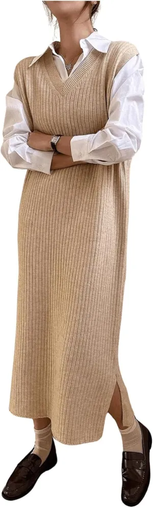 OYOANGLE Women's Split Hem Rib Knit Midi Sweater Dress V Neck Sleeveless Loose Fit Sweater Vest