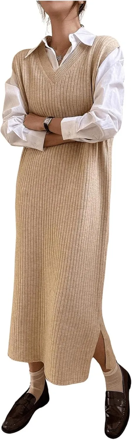 OYOANGLE Women's Split Hem Rib Knit Midi Sweater Dress V Neck Sleeveless Loose Fit Sweater Vest