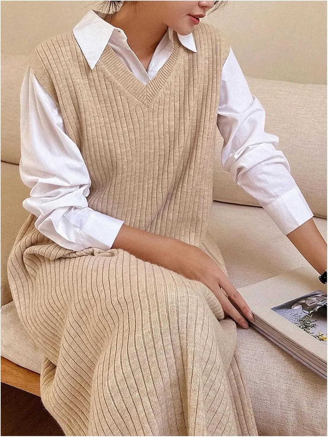 OYOANGLE Women's Split Hem Rib Knit Midi Sweater Dress V Neck Sleeveless Loose Fit Sweater Vest