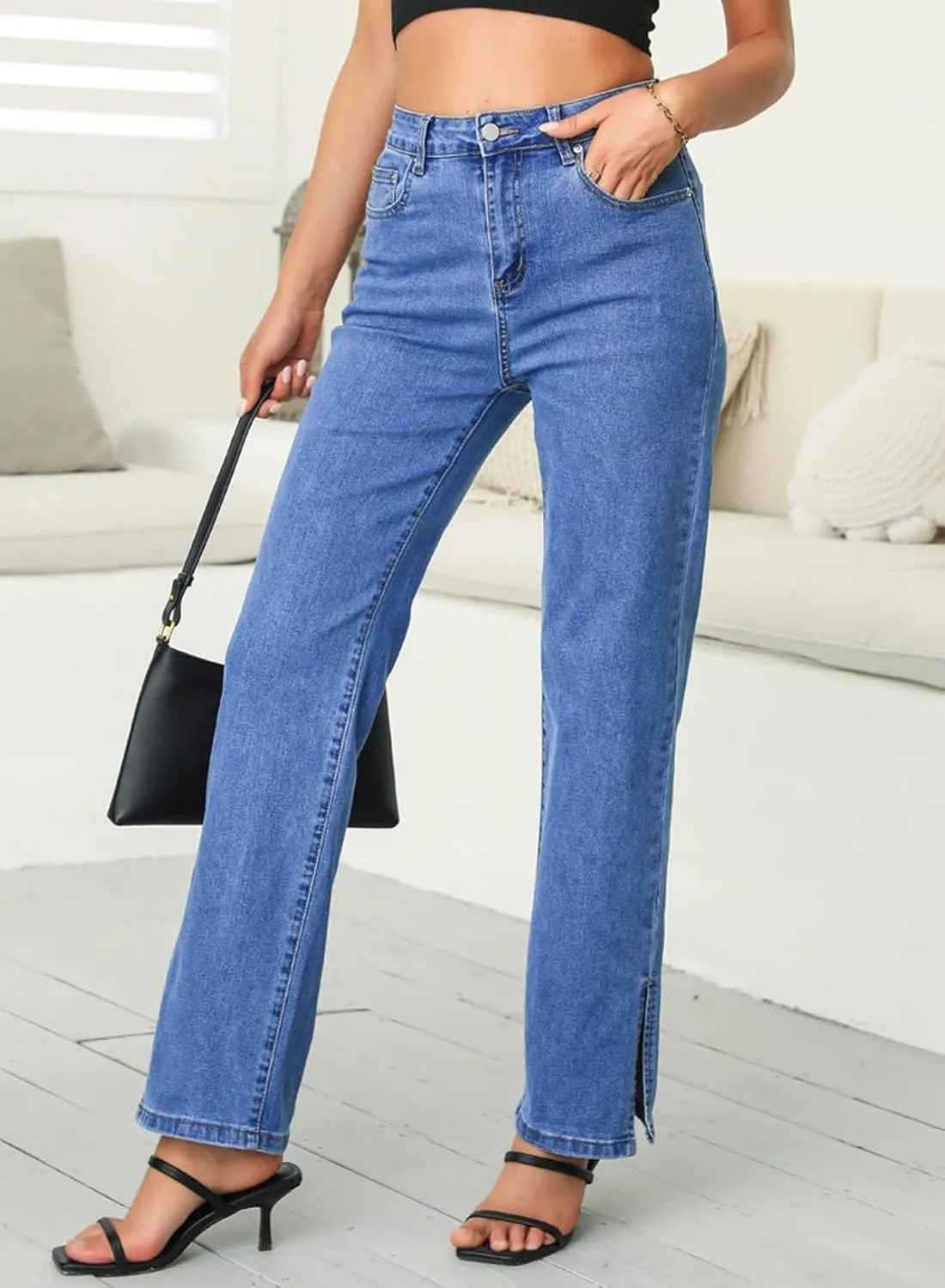 Sidefeel Women's Jeans Wide Leg High Waisted Jeans Stretchy Straight Leg Denim Pants