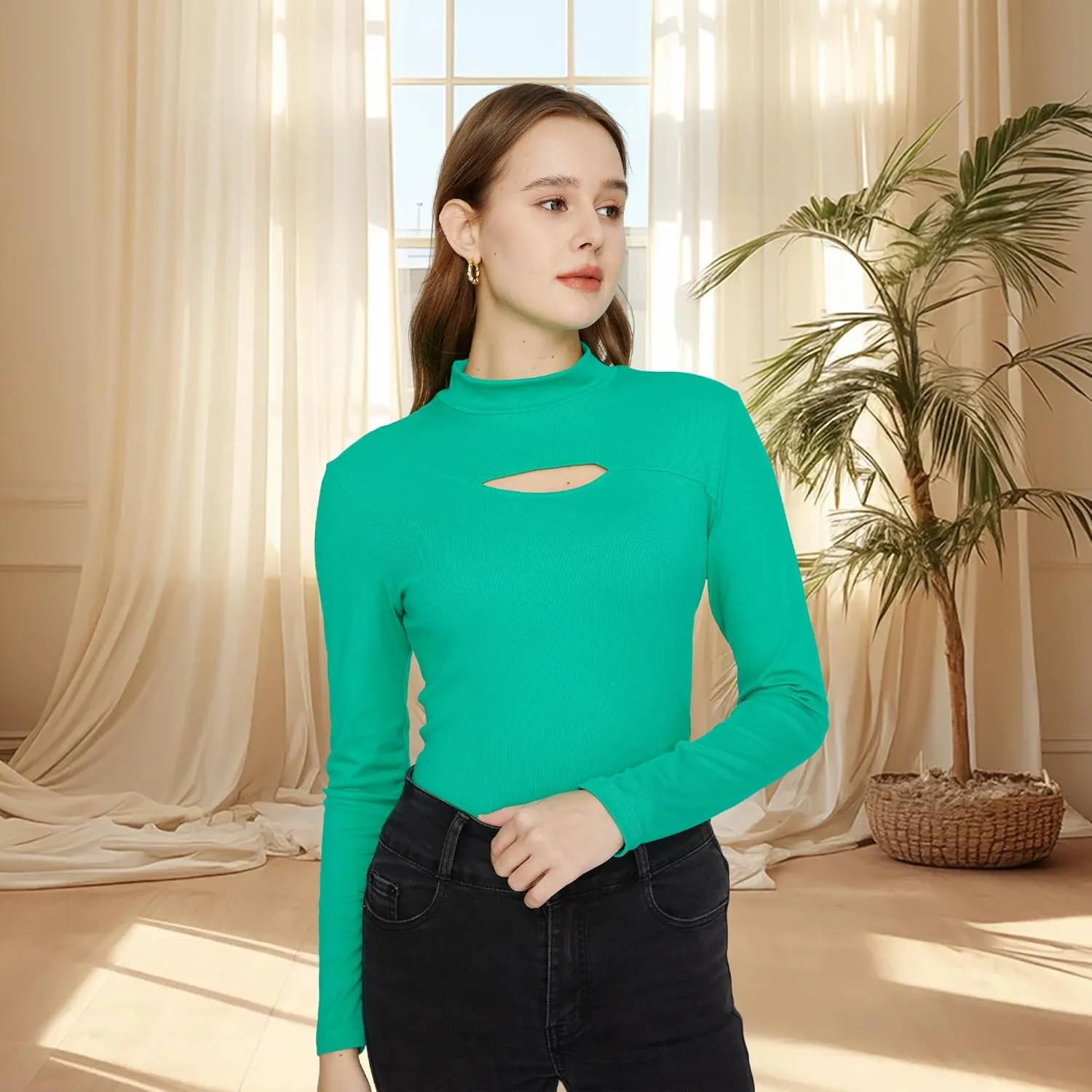 SSLR Mock Neck Tops for Women Long Sleeve T Shirts Cut Out Ribbed Turtleneck Stretchy