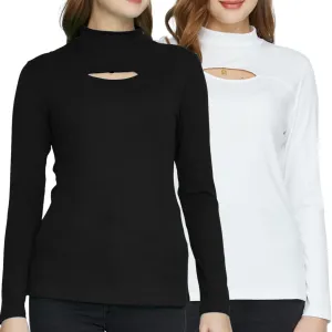 SSLR Mock Neck Tops for Women Long Sleeve T Shirts Cut Out Ribbed Turtleneck Stretchy