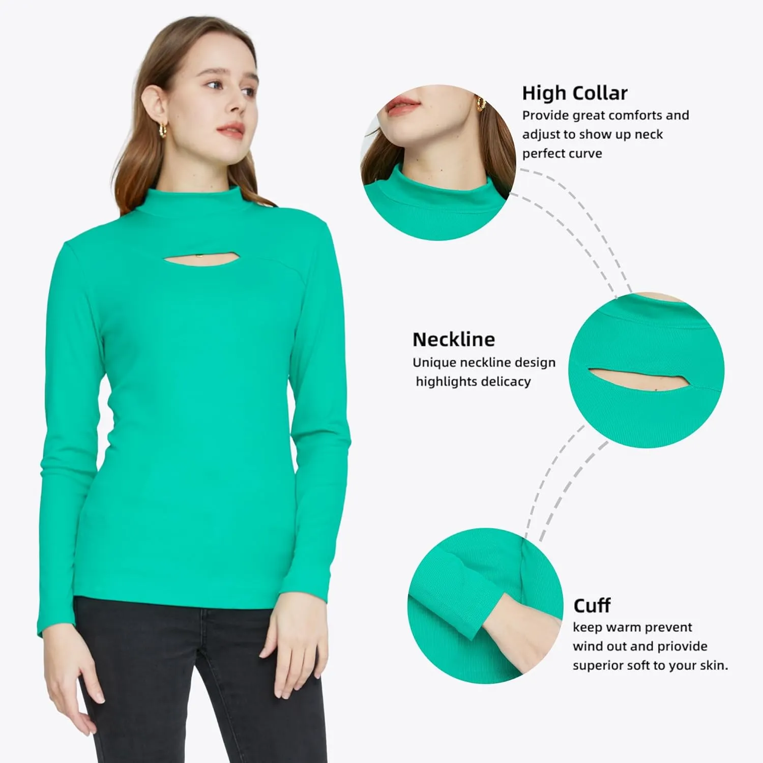 SSLR Mock Neck Tops for Women Long Sleeve T Shirts Cut Out Ribbed Turtleneck Stretchy