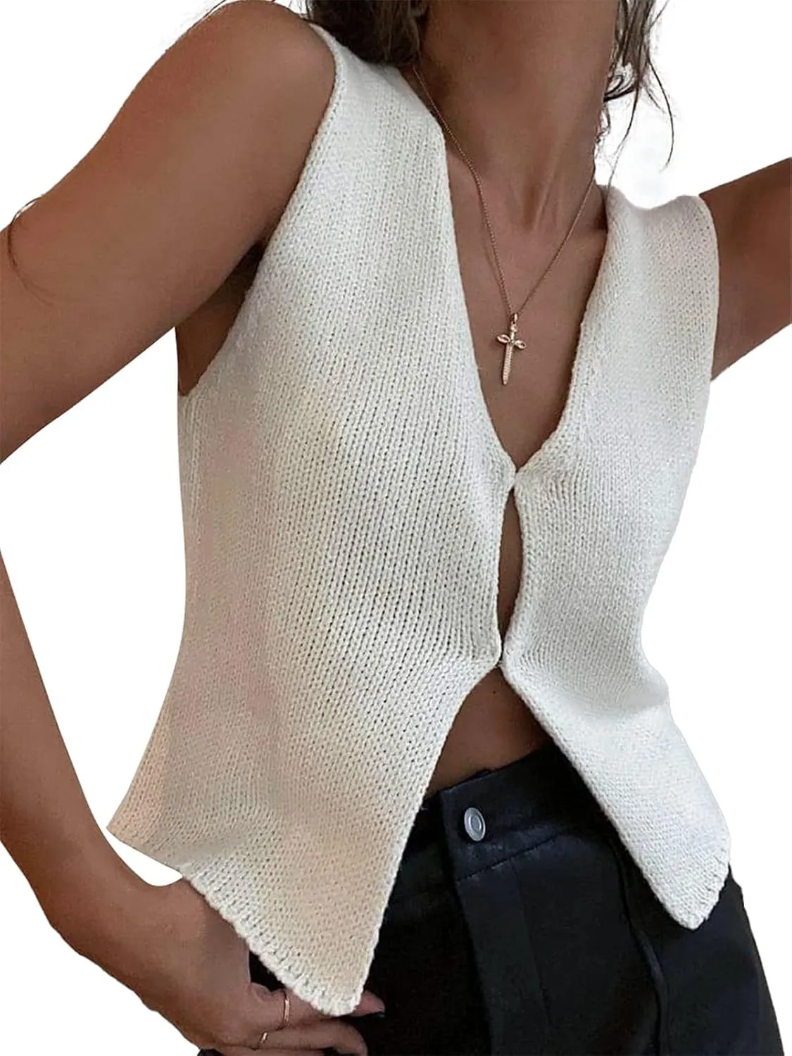 Sunloudy Knit Vest Tops for Women Sleeveless V Neck Button Down Sweater Vest Solid Color Crochet Tank Tops Streetwear