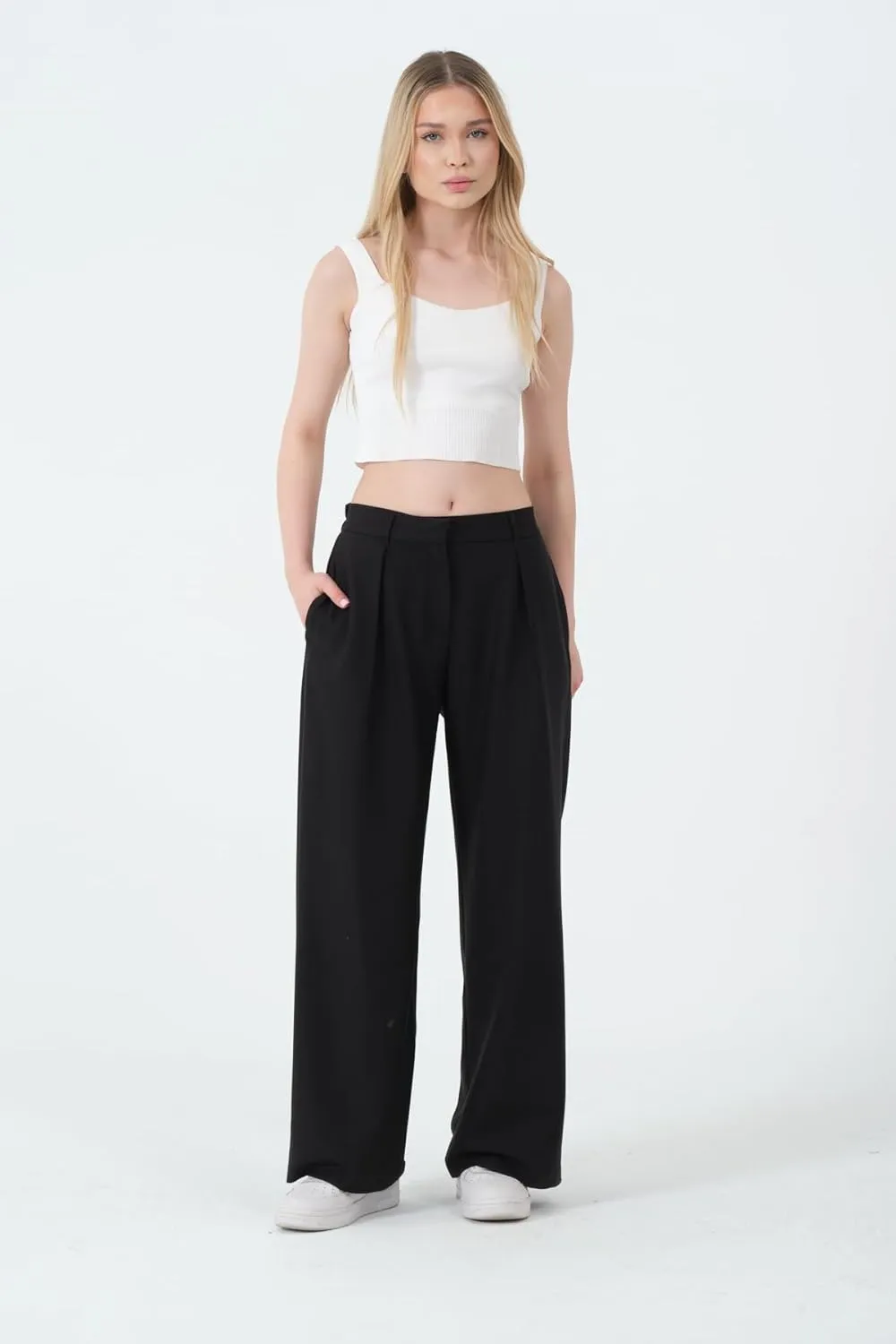 Wide Leg Work Pants Womens Elastic High Waisted Casual Office Dress Pants Trousers with Pocket Normal and Plus Size Slacks