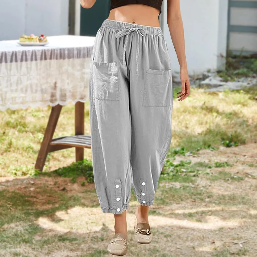 Women Elastic Waisted Cargo Pants Casual Drawstring Wide Leg Pants with Pockets Loose Button Trousers