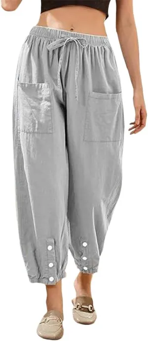 Women Elastic Waisted Cargo Pants Casual Drawstring Wide Leg Pants with Pockets Loose Button Trousers