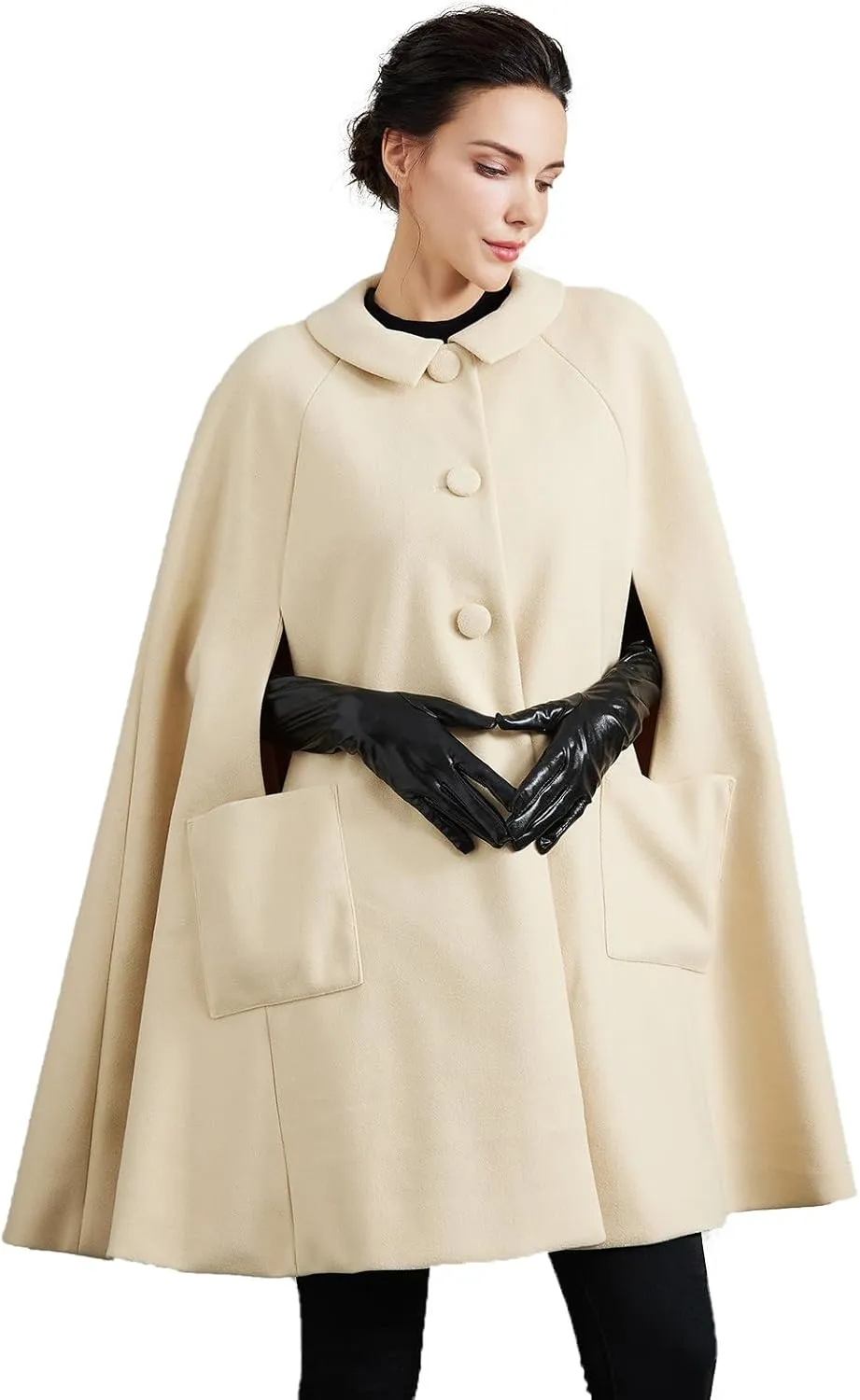 Women Wool Blend Cape Coat with Pockets Vintage Idyllic Single-Breasted Pea Coat Outwear for Fall Winter