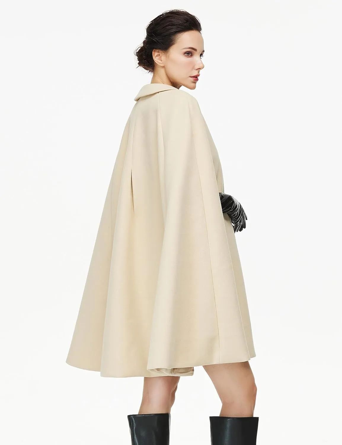 Women Wool Blend Cape Coat with Pockets Vintage Idyllic Single-Breasted Pea Coat Outwear for Fall Winter