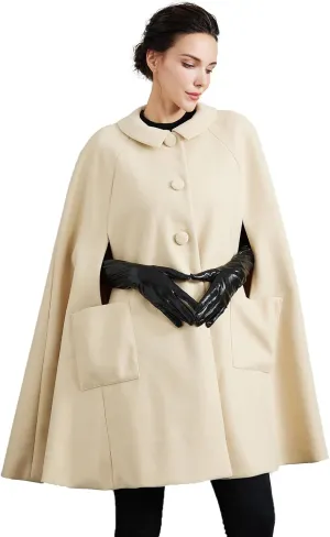 Women Wool Blend Cape Coat with Pockets Vintage Idyllic Single-Breasted Pea Coat Outwear for Fall Winter