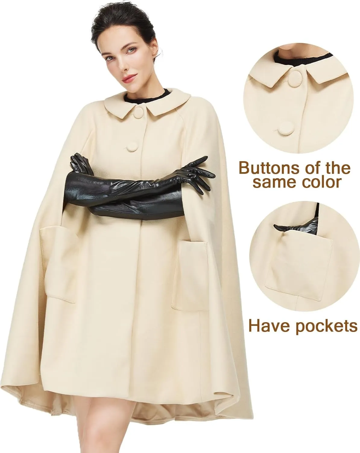 Women Wool Blend Cape Coat with Pockets Vintage Idyllic Single-Breasted Pea Coat Outwear for Fall Winter