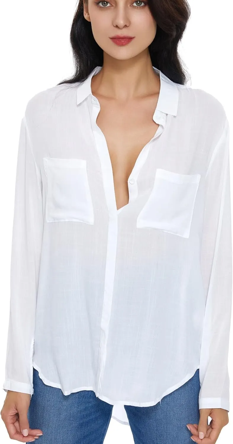 Womens Button Down Shirt Long Sleeve Button Up Shirt Ladies Work Blouses Loose Fit Tops